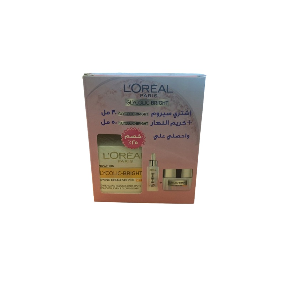 لوريال جليكوليك برايت سيروم + كريم النهار للاشراقة - Loreal Glucolic-Bright Serum + Glowing Cream Day (50ml+30ml, discount 25%)