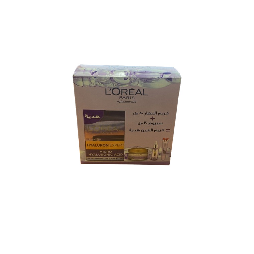 لوريال هيالورون كريم نهار +سيروم - Loreal Hyaluron Day Cream +Serum (50ml+30ml, +Eye Cream 15ml Gift)